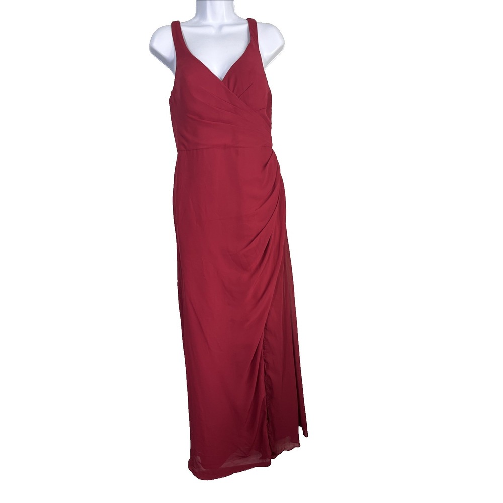 Azazie Maxi Dress Women 8 Burgundy V-Neck Side Slit Bridesmaid Formal Gown Gala